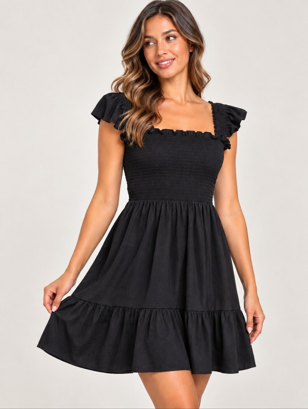 ​DHDZO Black Smocked Ruffle Strap Tiered Mini Dress 100% Polyester Size L